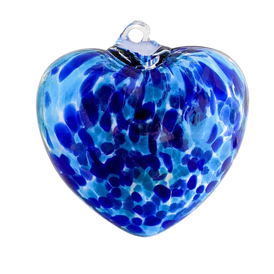2 Sisters Artisan Glass aqua and cobalt blue blown glass heart. 4 inch puffy blown glass heart