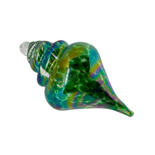2 Sisters Artisan glass Green and White Iridescent Speckled Blown Glass Finial Ornament.