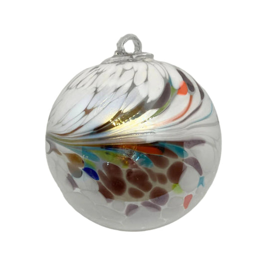 2 Sisters Artisan glass slightly iridescent blown glass Friendship ornament with white swirls and purple, aqua, orange and a touch of lime green flowing swirls and speckles around the middle.