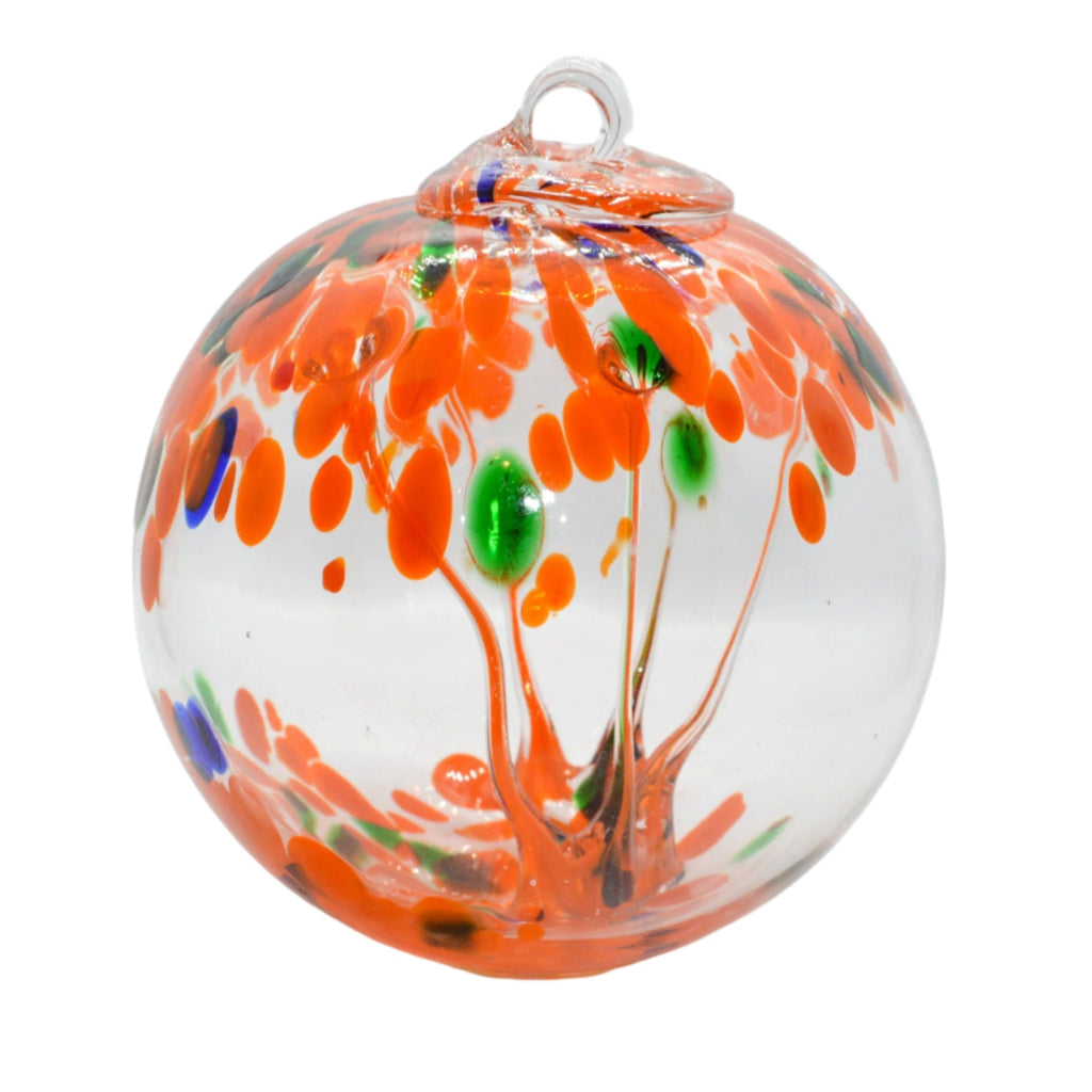 2 Sisters Artisan Glass  blown glass witch ball with orange blue and green. Blown glass ornaments make unique gifts. 